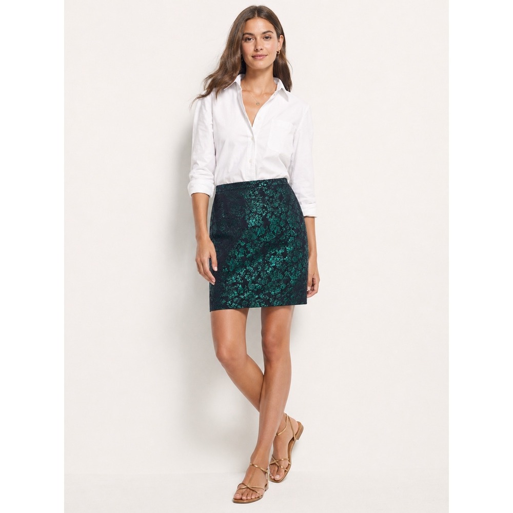 J.Crew Womens Metallic Floral Jacquard Pencil Skirt Green Dark Navy 6 Party Luxe